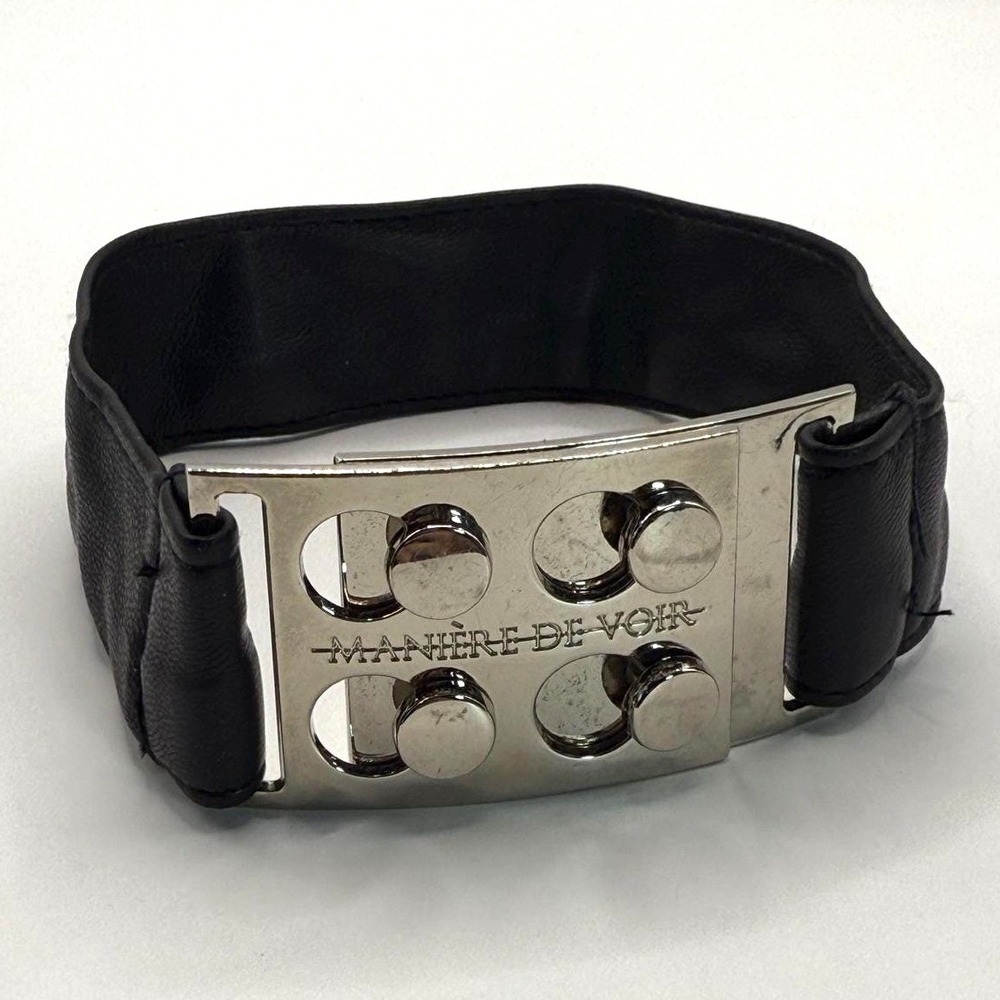 Manière De Voir Black Leather Cuff Bracelet Silver Tone Industrial Unisex